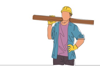 Single continuous line drawing of young lumberjack wearing helmet and glove while carrying stack of woods. Carpenter building maintenance service concept. One line draw design illustration