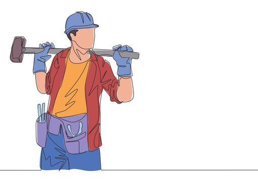 One single line drawing of young construction builder wearing uniform, tools belt and helmet while holding hammer. Craftsman home repair service concept. Continuous line draw design illustration