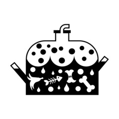 Simple flat black and white Biodigester vector icon. Schematic tank with organic waste (banana peel, apple core, fish skeleton, bone), water and gas bubbles