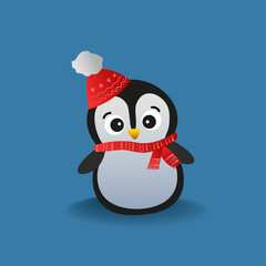 Cute winter penguin with hat and scarf