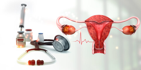 Human uterus anatomy model with stethoscope and medicines. 3d illustration.