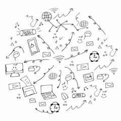 set of hand-drawn elements in the style of doodles in a circle modern technology, Wi-Fi, for conceptual design. vector illustration isolated on a white background.Mobile, Printer, Internet, computer