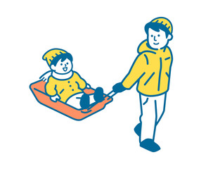 Parent and child pulling a sled