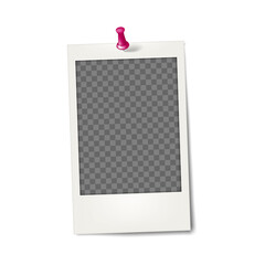 Blank white photo frame with push pin - realistic mockup. Photograph on wall - vector mock-up. Old empty snapshot - template for design
