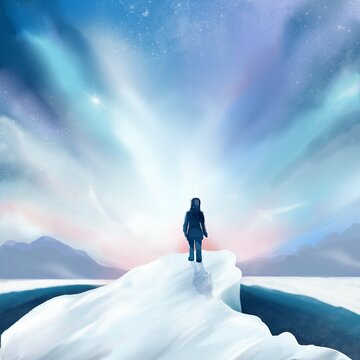 illustration - a man who is standing on the top of an icy mountain against the backdrop of a picturesque sky. achievement of goals, fulfillment of desires.