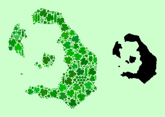 Vector Map of Santorini Island. Collage of green grape leaves, wine bottles. Map of Santorini Island collage composed with bottles, berries, green leaves.