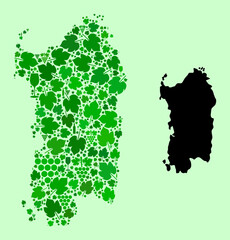 Vector Map of Sardinia Region. Collage of green grapes, wine bottles. Map of Sardinia region collage created from bottles, grapes, green leaves. Abstract collage is designed for political propaganda.