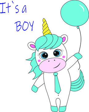 Baby Shower, It`s A Boy  Unicorn Illustration