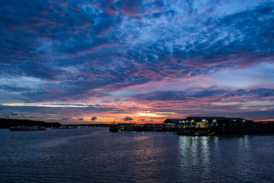 The anime like sunset of a traditional Chinese fishing village known as Crab Island or Pulau Ketam which is built by the seaside, and surrounded by the mangrove forest. At Klang, Selangor, Malaysia.