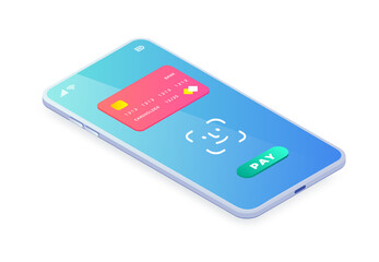 Mobile face id payment isometric vector. 3d Smartphone facial recognition verification. Electronic banking id security system app concept. Biometric identification mobile pay