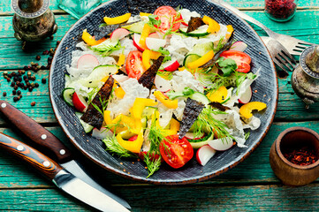 Vegetable salad decorated with rice paper,green salad
