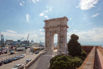 Fototapeta na wymiar Ancona. Marche. Arco di Traiano con scorcio del porto, II° sec. d.C.