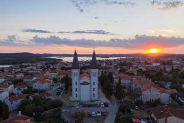 Fototapeta na wymiar An aerial shot of Medulin at dusk, Istria, Croatia