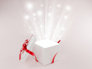 Open gift box or gift box with red ribbon and bow isolated on white background with 3d shadow...