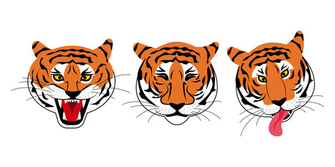 A set of tigers with different types of emotion: sad, angry, brooding, cute, affectionate. Chinese Tiger. The face of a tiger. Flat style. Vector Illustration. Symbol of 2022.