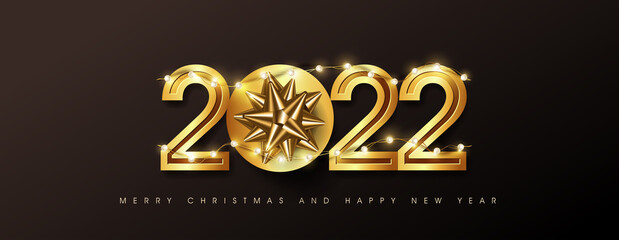 Merry christmas and happy new year 2022 golden text design background Decorated with gift box and glowing light bulb garland