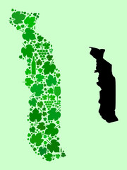 Vector Map of Togo. Mosaic of green grape leaves, wine bottles. Map of Togo mosaic designed from bottles, berries, green leaves. Abstract collage useful for wine production applications.