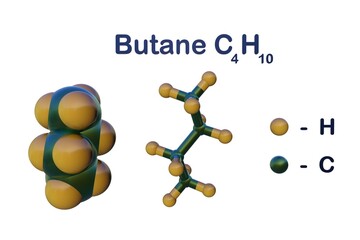 Structural chemical formula and molecular model of butane or n-butane, a highly flammable, colorless, easily liquefied gas that quickly vaporizes at room temperature. 3d illustration - obrazy, fototapety, plakaty