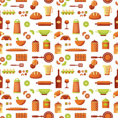 Seamless texture of food icons, bakery, kitchen equipment, utensil. Flat cartoon illustration about food and cooking.