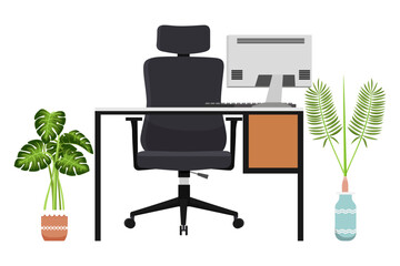 Modern empty desk for home office freelancer with chair table drawer and with pc computer and with house plants isolated