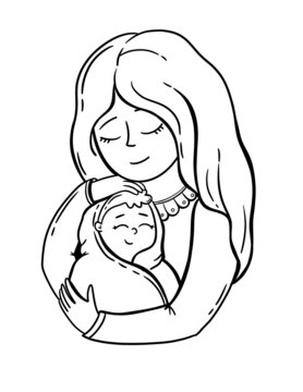 Fantasy abstract illustration with mother embracing her child. Outline coloring page design. Mothers day illustration.
