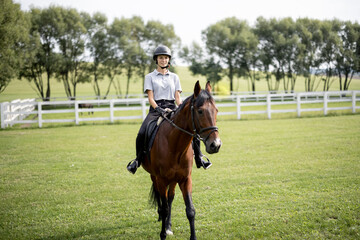 Fototapeta premium Female horseman riding brown Thoroughbred horse on green meadow in countryside. Concept of rural resting and leisure. Green tourism. Young smiling european woman. Beautiful landscape at sunny day