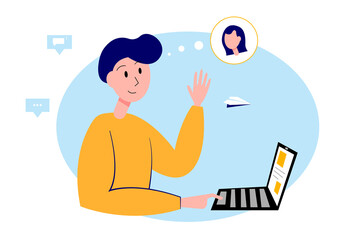 People communicate using social networks. The concept of online education, virtual communication, training, video tutorials. Vector illustration for website banner, presentation, advertising.