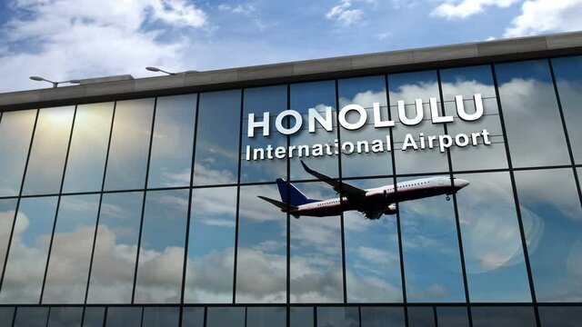 Plane landing at Honolulu, Hawaii, USA 3D rendering animation. Arrival in the city with the glass airport terminal and reflection of the jet aircraft. Travel, business, tourism and transport concept.