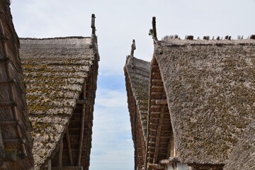 Reed roof of medieval Stilt house in Unteruhldingen at lake Constance in germany - Bodensee