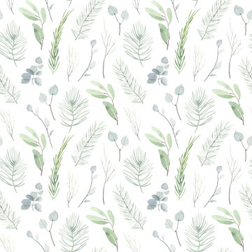 Christmas delicate green pattern with leaves and branches, seamless floral print on white background, watercolor illustration for textile, wrapping paper or decoration texture.