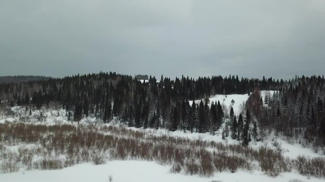 Take-off аerial shot of snowed hills with green spruces when it's snowing