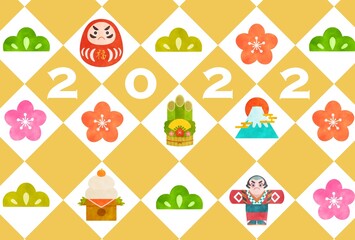 2022年 年賀状素材 イラスト ダルマ 門松 富士山 初日の出 鏡餅 凧