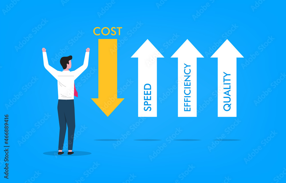 Poster business optimization concept with arrows symbol. increased quality, efficiency, speed and decreased