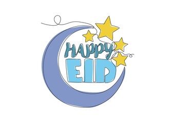 Single continuous line drawing of Happy Eid Al Fitr Mubarak and Ramadan Kareem concept. Islamic holiday calligraphic design for print, greeting card, banner, poster. One line draw design illustration