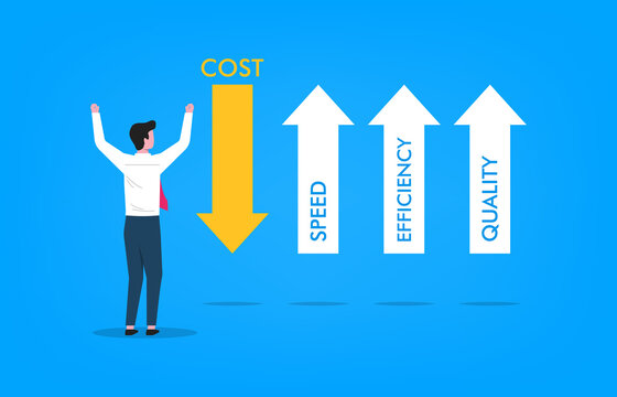 Business optimization concept with arrows symbol. Increased Quality, Efficiency, Speed and Decreased Cost vector illustration