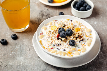 cereal muesli and cornflakes with blueberries