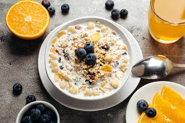 cereal muesli and cornflakes with blueberries
