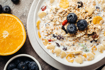 cereal muesli and cornflakes with blueberries