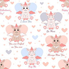 Vector seamless pattern for Valentine's Day with cute unicorns, colorful hearts and inscriptions. Ideal for fabric, textiles, wrapping paper, gift wrapping, background design, postcards