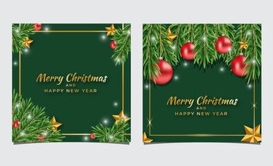 Merry christmas and happy new year greeting card with branches and decoration
