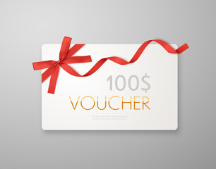 Gift voucher with red ribbon and bow. Discount luxury voucher. Vector banner - obrazy, fototapety, plakaty