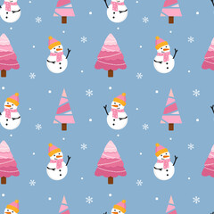 Seamless christmas pattern. Background with snowman,  snowflakes and christmas trees. Perfect for wrapping paper, greeting cards, textile