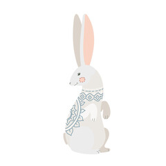 Hare in boho style. Simple sketched line art. Winter vector illustration isolated on white background.