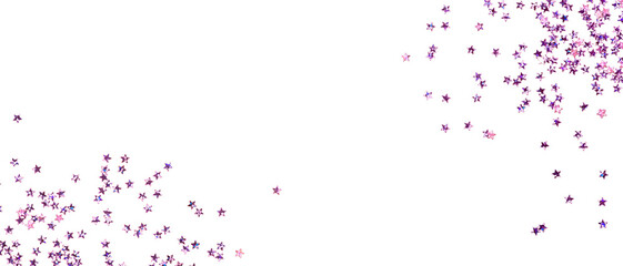 Violet confetti in the form of stars isolated on white banner. Festive day backdrop. Flat lay style with minimalistic design. Template for banner or party invitation