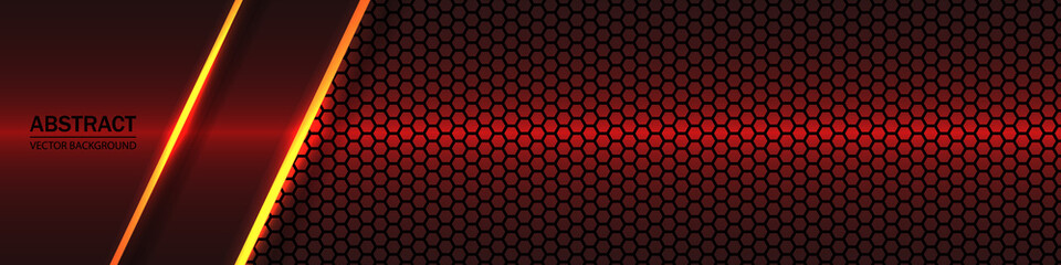 Red backlit metal shapes on hexagonal shape carbon fiber texture. Geometric shapes on a hexagonal red grid.