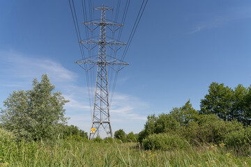 High-voltage electrical insulator electric line against the blue sky. In a natural landscape with grass and trees