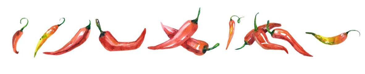 A red hot chili pepper with a watercolor background texture, isolated on a white background, a design element for a restaurant menu