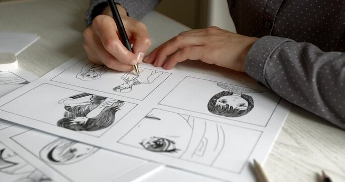 An artist draws a storyboard for an anime comic book. Manga style.
