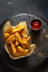 Fried potatoes in a basket with ketchup on a dark background close up