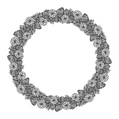 Round wreath of cones drawn by hand on a white background.